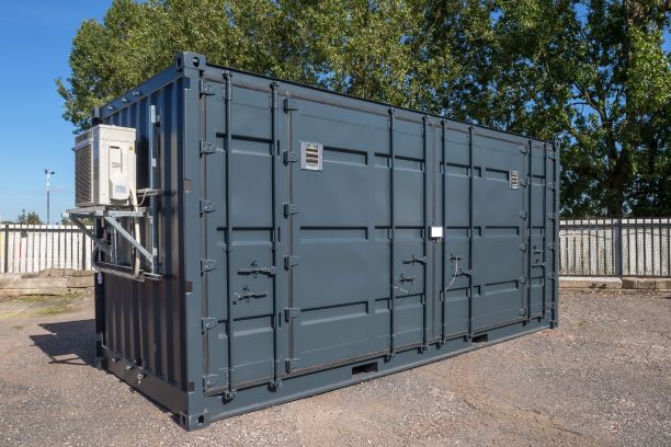 Ion battery storage container with exterior fan