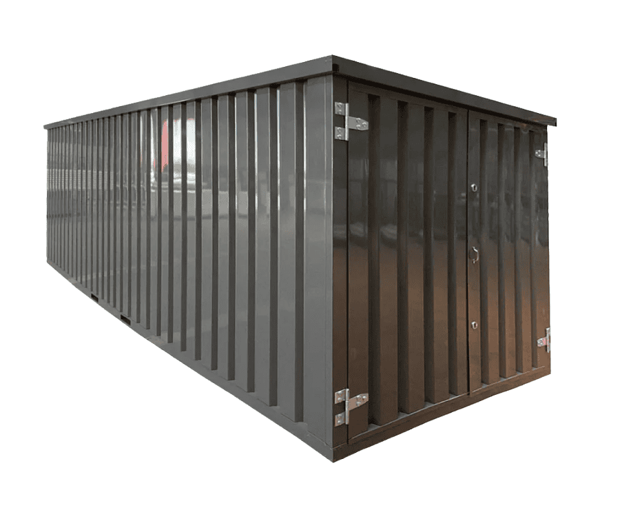 A dark grey corrugated metal storage shed with a flat roof and a single hinged door on the right side