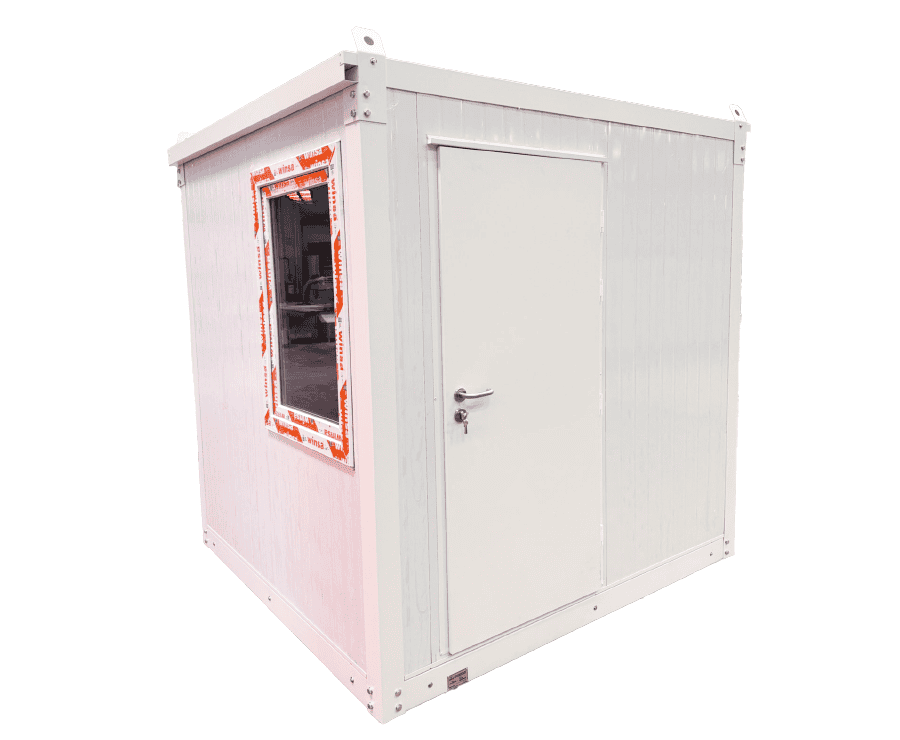 A compact, white modular container unit with a flat roof, a single door with a lock, and a window on the left side that is partially covered with protective tape.