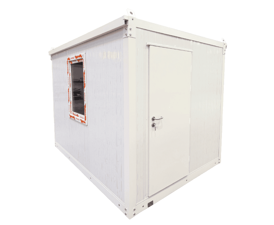 A compact, white modular office unit with a flat roof, a single door with a lock, and a window on the left side that is partially covered with protective tape.