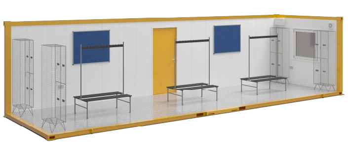 A 3D-rendered digital image of a repurposed shipping container designed as a locker room. The container has a yellow frame with white interior walls and a speckled gray floor. Inside, there are metal benches with overhead hooks for hanging clothes, wireframe lockers for storage, and two blue notice boards mounted on the walls. A yellow door leads to another section, and a window with a small air conditioning unit is visible on one side.