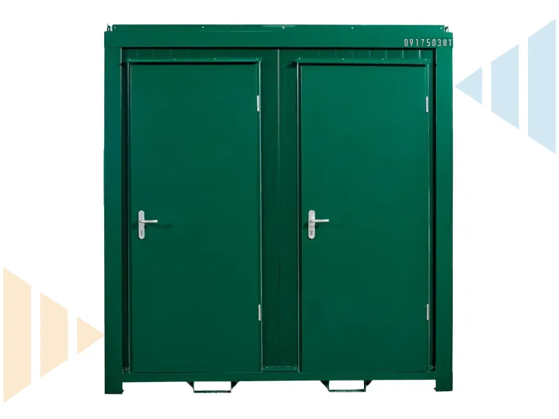 Front elevation of twin door steel toilet cabin built for high-traffic use. Features two secure outward-opening doors, coated panels, and robust locking handles. Designed for easy access and separation of facilities.