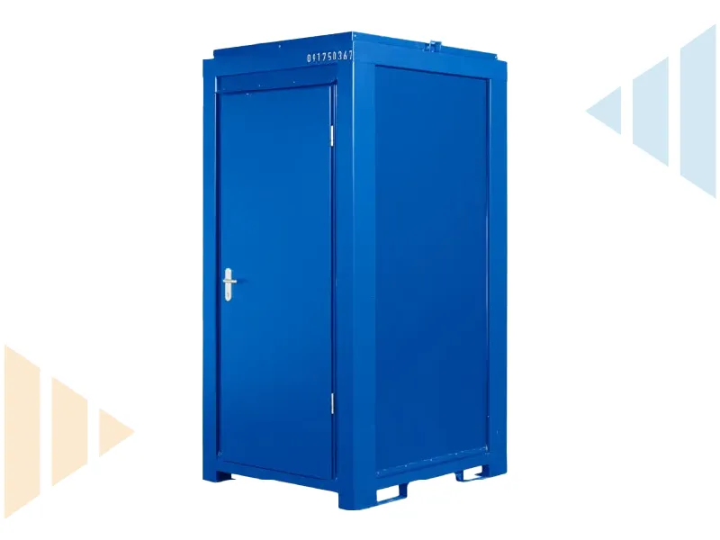 Side view of a compact single portable toilet unit with a secure steel door and insulated panels, designed for temporary site welfare, construction projects, and mobile facilities.