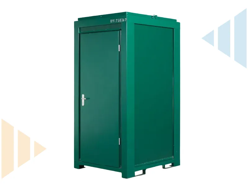 A green steel modular portable toilet unit with a closed door, viewed from a front-left angle. The unit is rectangular with a flat roof and reinforced edges.