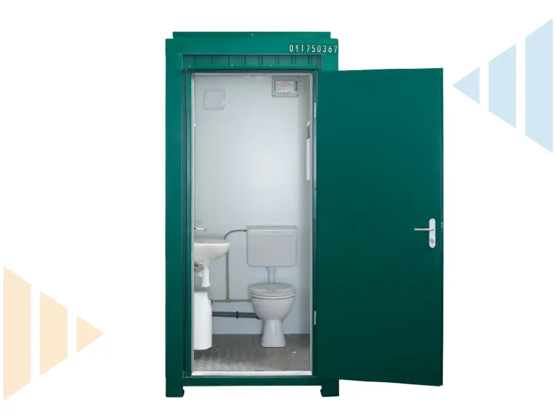 A green portable modular toilet unit shown with the door open, revealing a clean white interior with a standard toilet, cistern, and small hand basin.