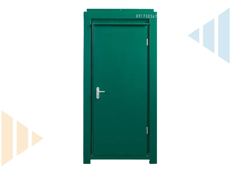 A front view of the green portable toilet unit with the door closed, displaying its simple and secure metal construction.