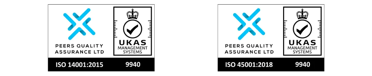 ISO 14001:2015 and ISO 45001:2018 certification logos from Peers Quality Assurance Ltd and UKAS Management Systems, displayed side by side.